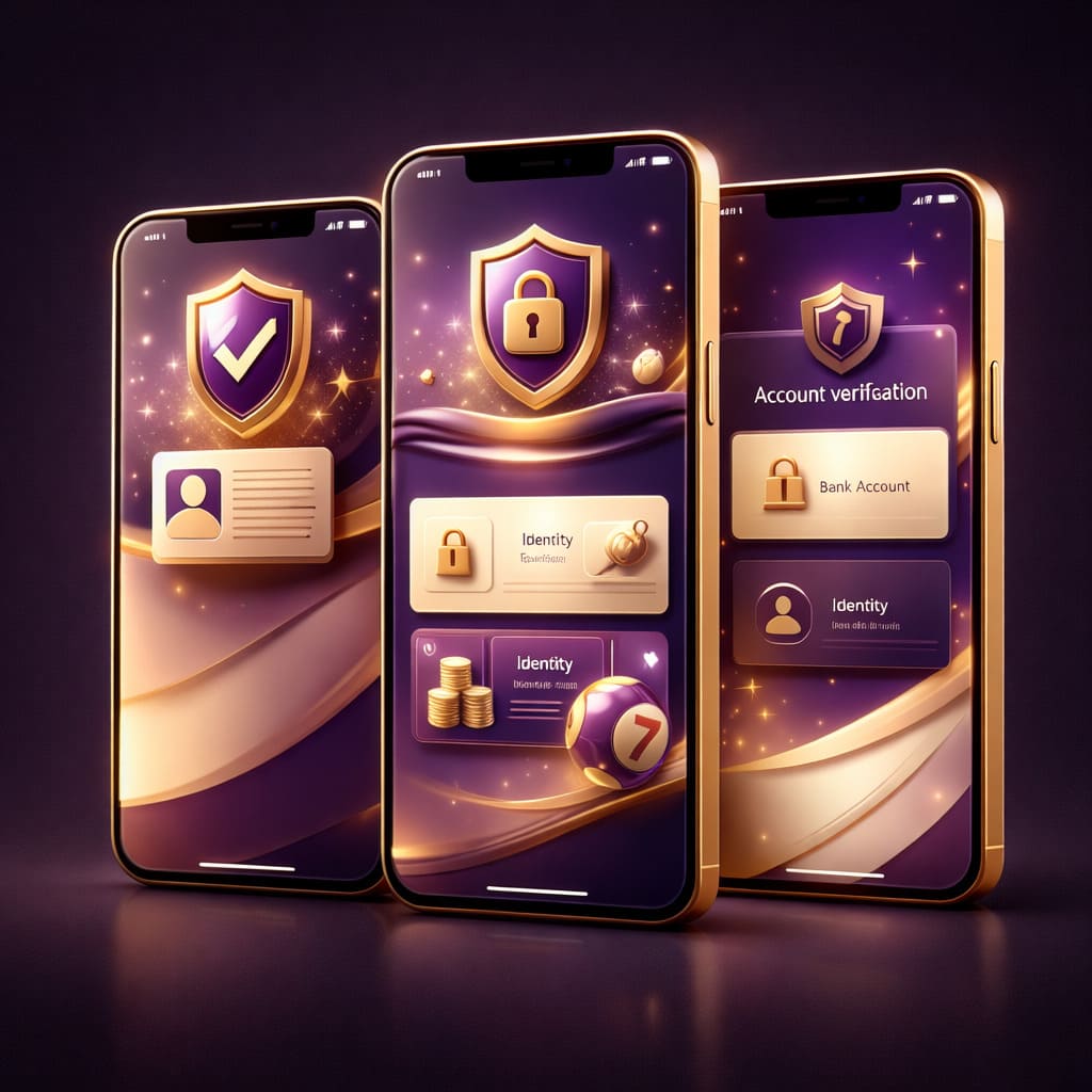 Premium registration artwork, elegant mobile onboarding screens with lottery platform theme, purple gold cream palette, luxury digital product mood, no text