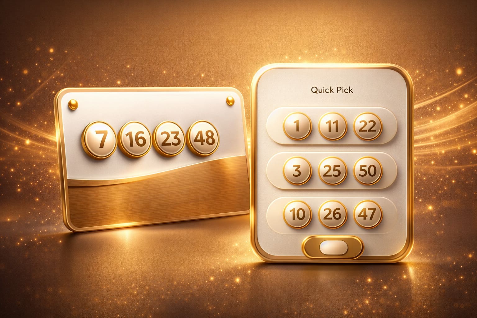 Luxury lottery purchase interface illustration, pearl white and brushed gold ticket card, premium circular number selection balls, refined official gaming dashboard aesthetic, elegant fintech-style composition, no text
