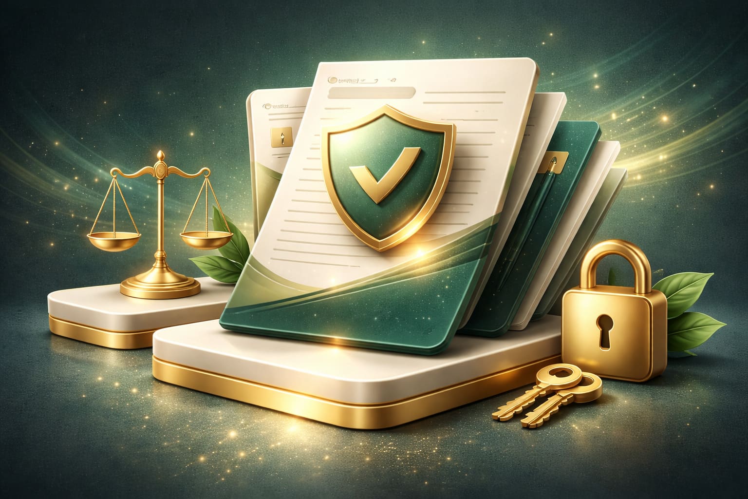 Premium responsible play illustration, calm emerald and cream atmosphere, supportive digital wellbeing motif, refined official platform style, no text