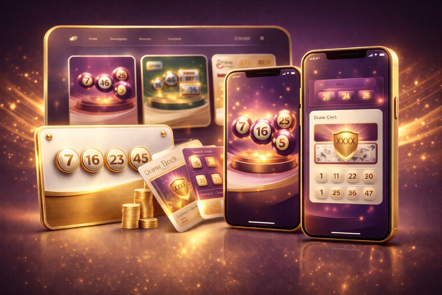 Premium how-to-play illustration, elegant sequence of lottery cards and mobile screens, polished official product journey, no text
