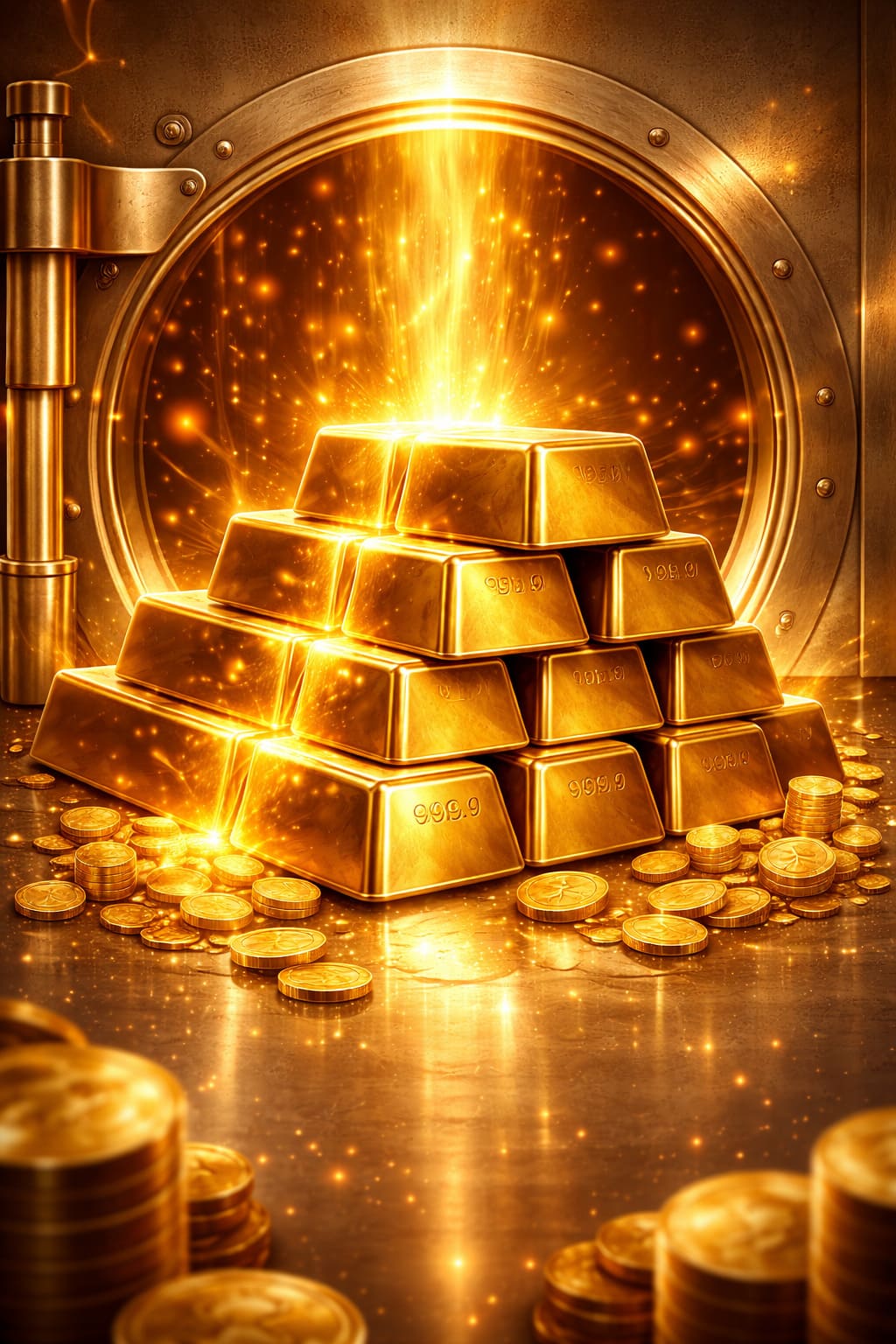 Premium scratch card cover art, liquid gold bars, brushed metal reflections, luxury vault atmosphere, rich amber lighting, glossy collectible lottery card style, no text