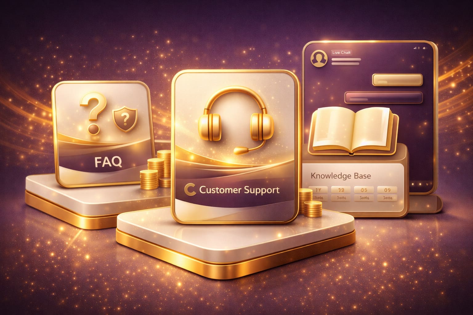 Premium FAQ support illustration, gold and cream information card, elegant help iconography, luxury digital service aesthetic, clean official platform mood, no text